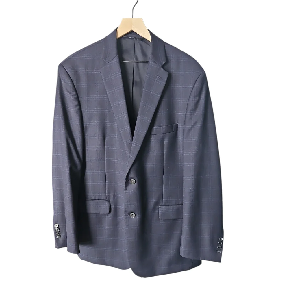 Jos A Bank Navy Windowpane 46L Tailored Sports Coat/Blazer